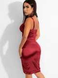 Women Summer Red Sexy V-neck Sleeveless Solid color Satin Mini Bodycon Dress