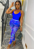 Kadın Yaz Mavi Mütevazı Slash Boyun Kolsuz Yüksek Bel Baskılı Örgü Sıska İki Parçalı Pantolon Seti