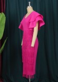 Women Summer Rose Formal V-neck Half Sleeves Solid Fringed Pencil Midi Dress