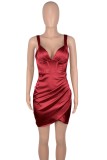 Women Summer Red Sexy V-neck Sleeveless Solid color Satin Mini Bodycon Dress