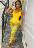 Women Summer Yellow Modest Slash Neck Sleeveless High Waist Printed Mesh Skinny Two Piece Pants Set