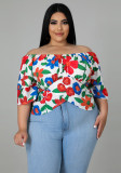 Women Spring White Cute Off-the-shoulder Half Sleeves Floral Print Regular Plus Size Blouse