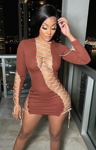 Women Summer Brown Sexy Full Sleeves Solid Lace Up Mini Straight Club Dress