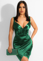 Mini vestido ajustado de satén de color sólido sin mangas con cuello en V Sexy verde de verano para mujer