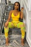 Women Summer Yellow Modest Slash Neck Sleeveless High Waist Printed Mesh Skinny Two Piece Pants Set