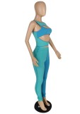 Women Summer Blue Sexy O-Neck Sleeveless High Waist Color Blocking Hollow Out Skinny Two Piece Pants Set