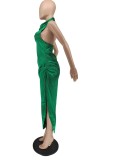 Women Summer Green Sexy Slash Neck Sleeveless Solid Satin Slit Midi Sheath Club Dress