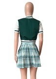 Women Summer Green Preppy Style O-Neck Short Sleeves High Waist Plaid Print Embroidery Regular MiniTwo Piece Skirt Set