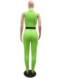 Women Summer Green Casual Turn-down Collar Sleeveless Striped Print Full Length Regular Jumpsuit