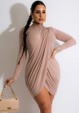 Women Spring Nude Modest Turtleneck Full Sleeves Solid color Mini Bodycon Dress