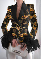 Women Spring Gold England Style V-neck Full Sleeves Floral Print Feathers Double Breasted Regular  Blazer