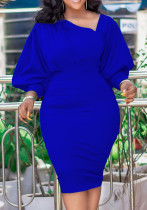 Vestido de oficina de lápiz a media pierna plisado liso con mangas completas y cuello oblicuo modesto azul primavera para mujer