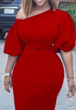 Women Summer Red Modest Slash Neck Half Sleeves Solid Midi Straight Plus Size Casual Dress