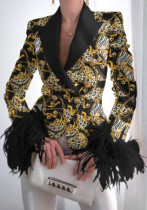 Femmes printemps imprimé Vintage col rabattu manches longues imprimé léopard plumes Double boutonnage régulier Blazer pantalons costumes