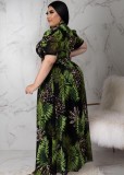 Women Summer Green Casual Turtleneck Short Sleeves Print X-Long Plus Size Tops