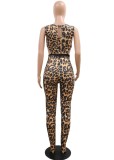 Women Summer Printed Sexy Turtleneck Sleeveless Leopard Print Hollow Out Full Length Skinny Jumpsuit