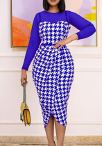 Vestido de oficina asimétrico por debajo de la rodilla con estampado a cuadros y mangas completas con cuello redondo modesto azul de verano para mujer