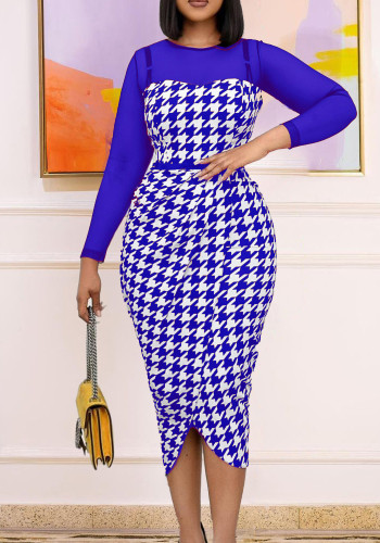 Kadın Yaz Mavi Mütevazı O-Boyun Tam Kollu Ekose Baskı Midi Asimetrik Ofis Elbise