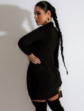 Women Spring Black Modest Turtleneck Full Sleeves Solid color Mini Bodycon Dress