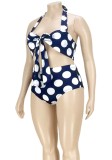 Women Black Bikini Strap Dot Print Bow Plus Size Two Piece Swimwear