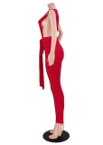 Women Summer Red Sexy V-neck Sleeveless Solid Belted Full Length Regular Backless Jumpsuit