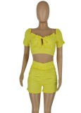 Women Summer Yellow Sweet Square Collar Short Sleeves High Waist Solid Cascading Ruffle Regular Two Piece Shorts Set