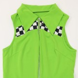 Women Summer Green Casual Turn-down Collar Sleeveless Striped Print Full Length Regular Jumpsuit