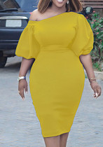 Women Summer Yellow Modest Slash Neck Half Sleeves Solid Midi Straight Plus Size Casual Dress