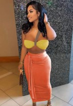 Mujeres Verano Naranja Sexy Crop Top Color Blocking BeltedDos piezas Falda Conjunto