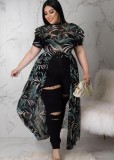 Women Summer Printed Casual Turtleneck Short Sleeves Floral Print X-Long Plus Size Tops