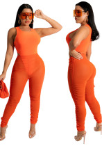 Mujeres Verano Naranja Sexy O-cuello Sin mangas Cintura alta Sólido Flaco Conjunto de pantalones de dos piezas