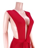 Women Summer Red Sexy V-neck Sleeveless Solid Belted Full Length Regular Backless Jumpsuit