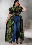 Women Summer Green Casual Turtleneck Short Sleeves Print X-Long Plus Size Tops