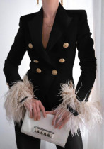 Women Spring Black England Style V-neck Full Sleeves Solid Feathers Double Breasted Regular  Blazer