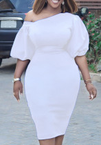 Women Summer White Modest Slash Neck Half Sleeves Solid Midi Straight Plus Size Casual Dress