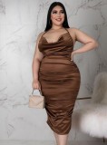 Women Summer Brown Modest Halter Sleeveless Solid Midi Pleated Plus Size Casual Dress