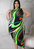 Женская летняя скромная водолазка с принтом без рукавов в полоску с разрезом макси асимметричная плюс размер повседневное платье
