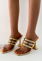 Sandalias de tacón alto cuadradas doradas para mujer de verano