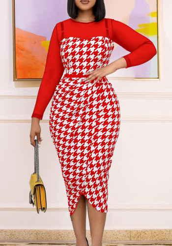 Kadın Yaz Kırmızı Mütevazı O-Boyun Tam Kollu Ekose Baskı Midi Asimetrik Ofis Elbise