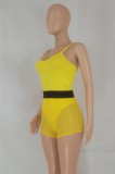 Women Summer Yellow Sexy Halter Sleeveless High Waist Solid Skinny Two Piece Shorts Set