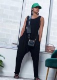 Women Summer Black Casual Strap Sleeveless Solid Pockets Full Length Loose Jumpsuit