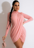 Women Spring Pink Modest Turtleneck Full Sleeves Solid color Mini Bodycon Dress