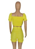 Women Summer Yellow Sweet Square Collar Short Sleeves High Waist Solid Cascading Ruffle Regular Two Piece Shorts Set