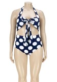 Women Black Bikini Strap Dot Print Bow Plus Size Two Piece Swimwear