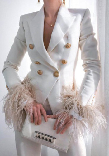 Women Spring White England Style V-neck Full Sleeves Solid Feathers Double Breasted Regular  Blazer