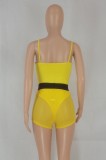 Women Summer Yellow Sexy Halter Sleeveless High Waist Solid Skinny Two Piece Shorts Set