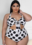 Women White Bikini Strap Dot Print Bow Plus Size Two Piece Swimwear