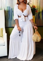 Women Spring White Casual V-neck Sleeveless High Waist Solid Cascading Ruffle Loose Plus Size Two Piece Pants Set
