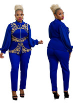 Conjunto de pantalones de dos piezas para mujer, otoño, azul, Vintage, cuello alto, mangas completas, cintura alta, bordado sólido