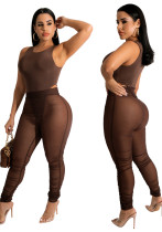 Conjunto de pantalones de dos piezas ajustados sólidos de cintura alta sin mangas con cuello redondo sexys marrones de verano para mujer